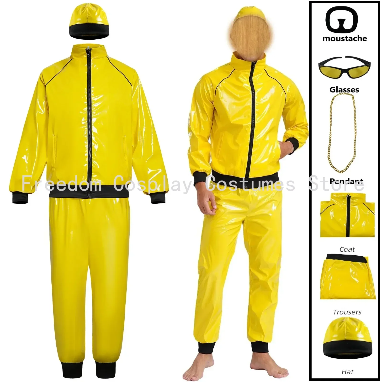 Costume cosplay da cantante rap anni '90 da uomo Abbigliamento sportivo giallo Black Gang Novità Catene per costumi per adulti Occhiali da sole Accessori per barba