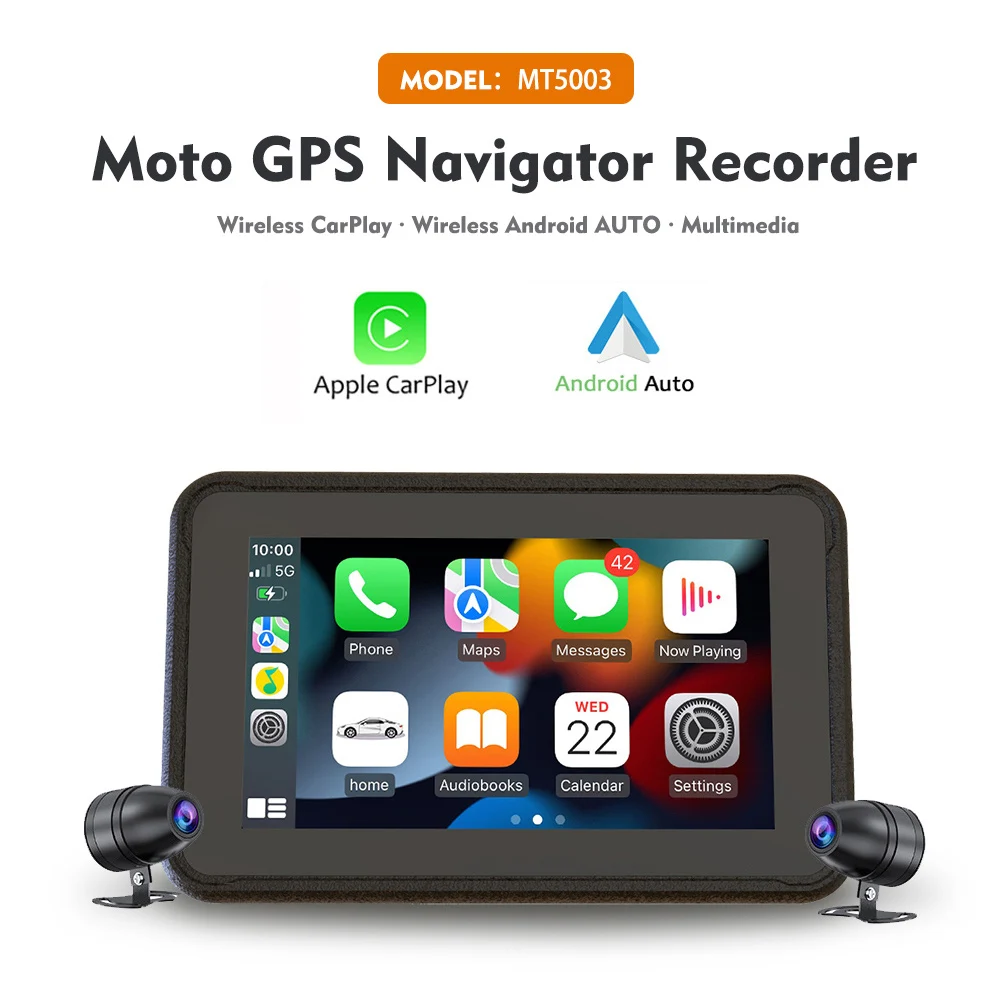 2in1 Motorcycle GPS Navigation and Motorcycle Recorder Wireless CarPlay and Android Auto,Siri and Google Assistant Compatible