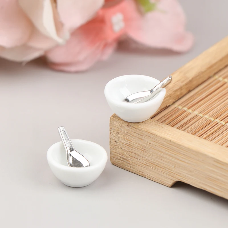 Mini tigela cerâmica modelo colher de sopa, simulação cozinha decoração, pratos, brinquedos, 1/12, 4 pcs/set