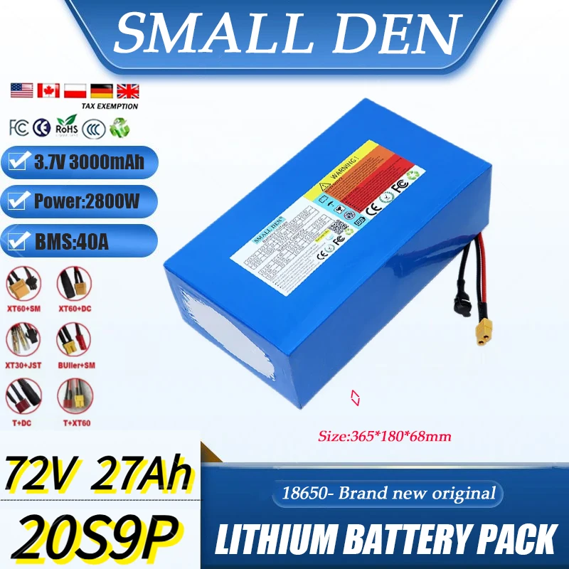 72V 27Ah 20S9P 18650 lithium battery pack 2800W+40A BMS, used as an electric functional product, outdoor energy storage+charger