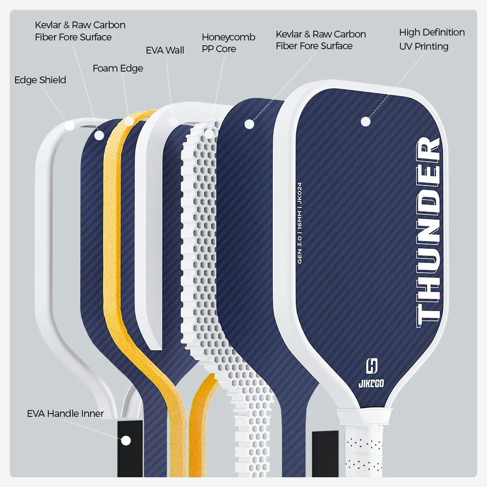 JIKEGO THUNDER Gen 3.0 Pickleball Paddle Kevlar Mix Raw Fibra de Carbono 16MM Propulse Núcleo Borda de Espuma Alongada Thermoformée JK024