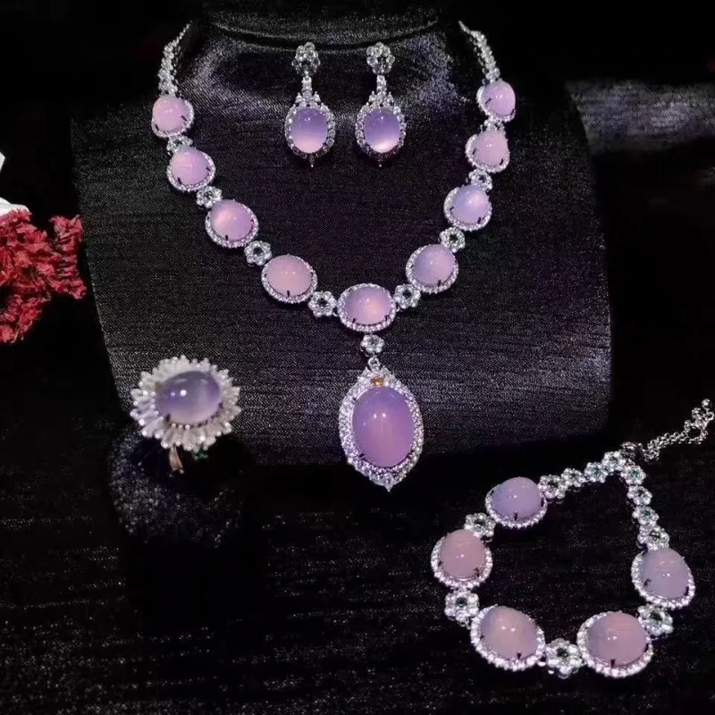 

Chalcedony Set Ice Chalcedony Pendant Necklace Earrings Ring Bracelet Green Chalcedony Four-piece Set