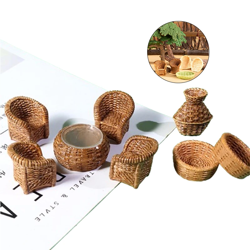 1/2/3/10Pcs 1/12 Dollhouse Miniature Simulation Rattan Frame Hand-woven Chair Dustpan Bamboo Basket Model For Dollhouse Decor