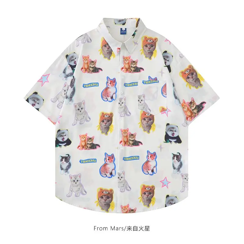 

European and American high street cat all-over short-sleeved shirt bf loose trendy couple casual shirt hawaiian shirt y2k tops