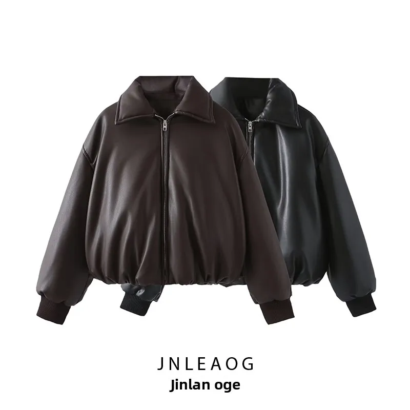 JNLEAOG Faionable Thiened Protein Leather Cotton Jaet المرأة الخريف جديد Sle الإنترنت Celebri نموذج عادية Sle