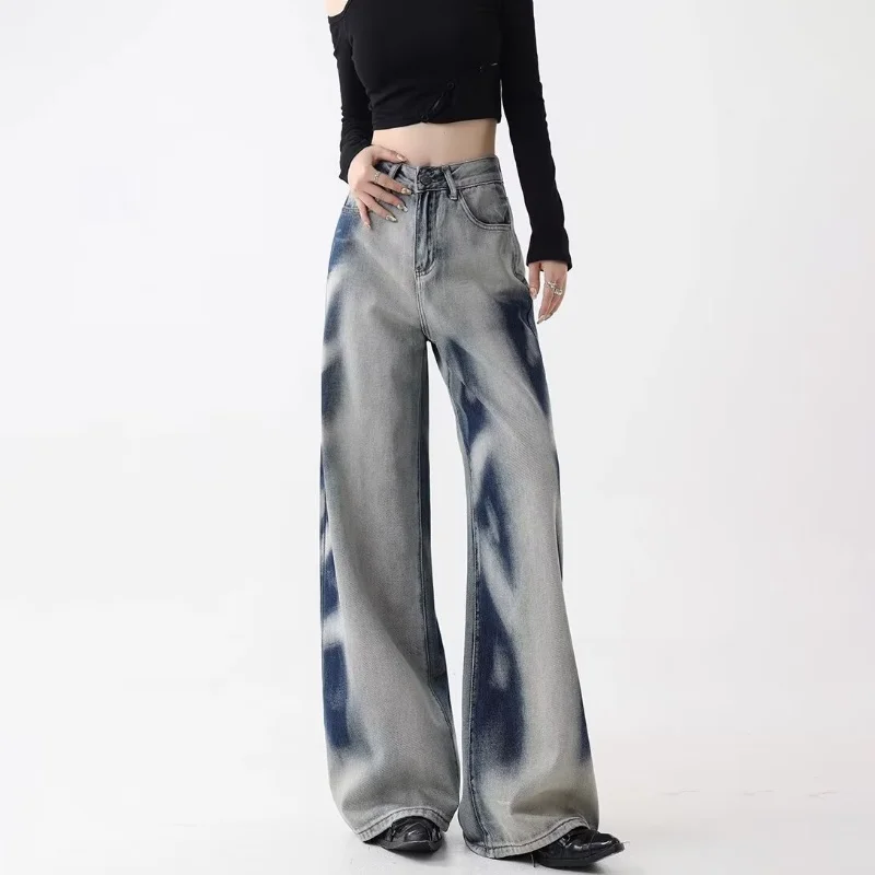 

2025 Ropa Y2K Streetwear Tie Dye Vintage Blue Baggy Jeans Pants For Women Clothing Straight Korean Casual Lady Denim Trousers