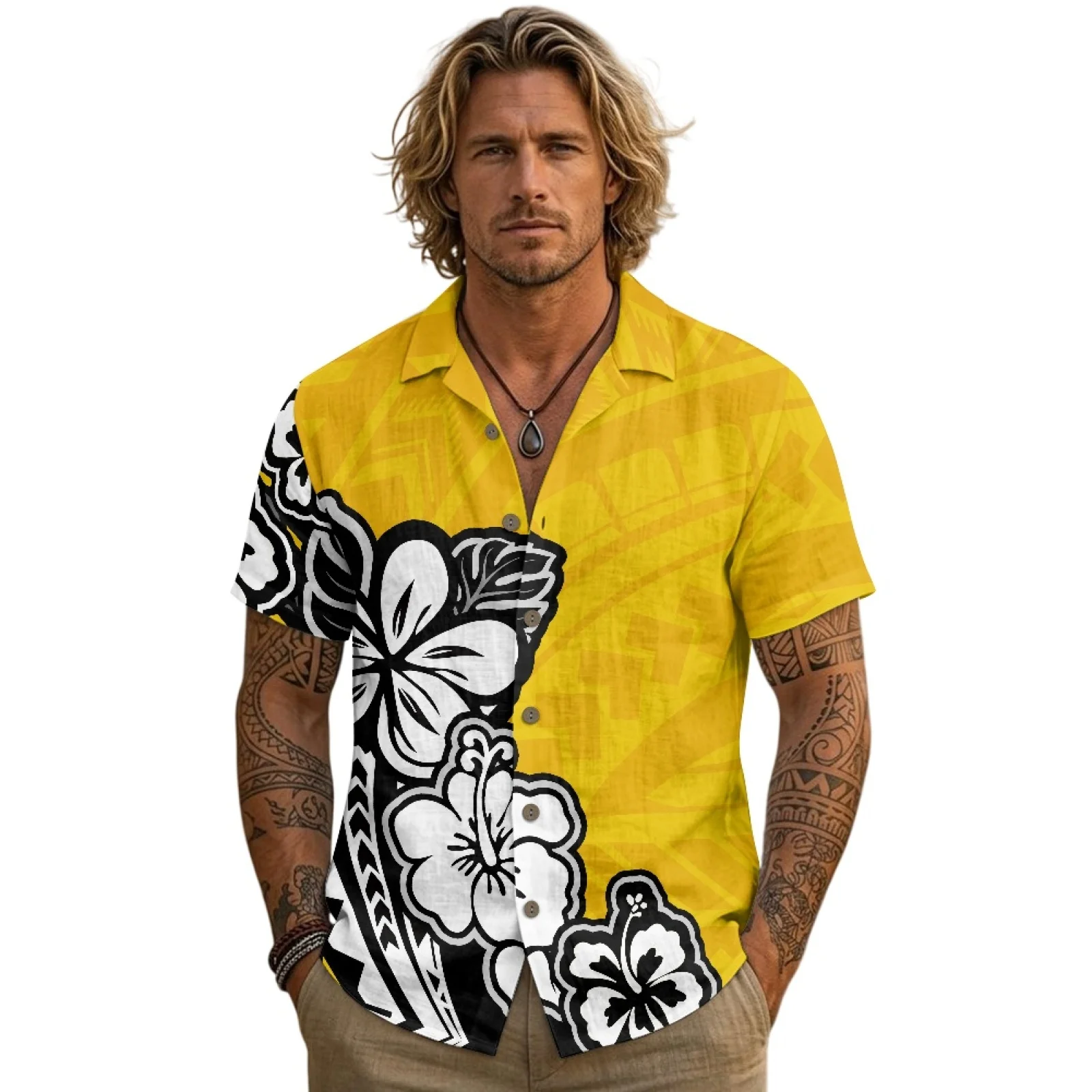 PENSTROLL Tropical Floral Print Linen Like Mens Short-Sleeved T-shirt Single Breasted Men's Top for Male S-3XL
