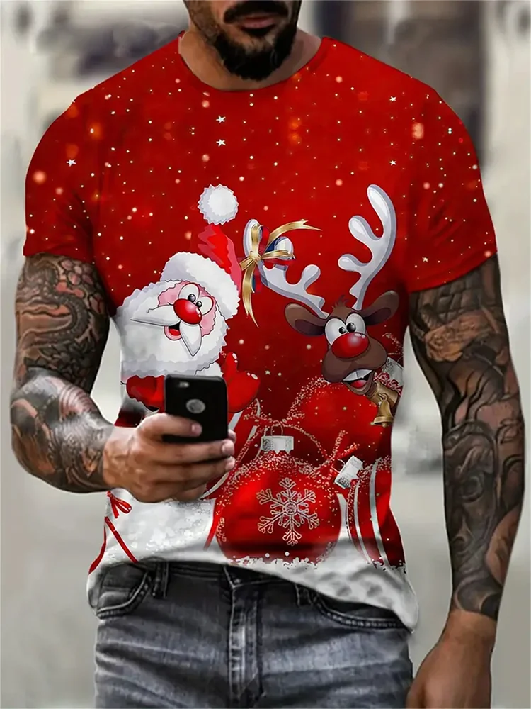 Funny Santa Claus With Christmas Elk Print Men's Short Sleeve T-shirt Loose Casual Sports Top Breathable Men's Summer T-shirts