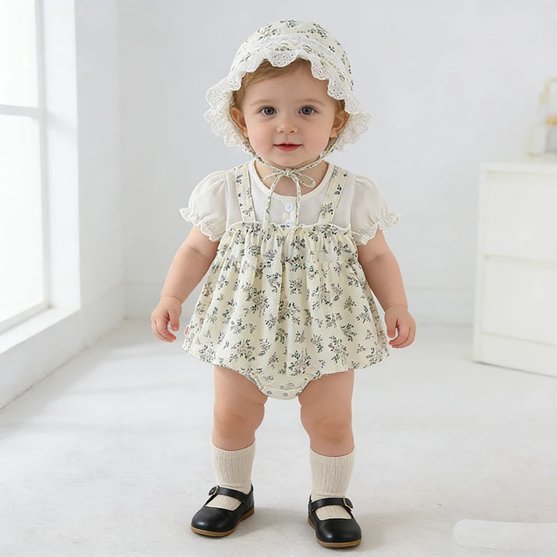 

Новинка 2023 года, летняя детская одежда для детей от 0 до 24 месяцев, комбинезон для маленьких девочек, хлопковый комбинезон с короткими рукавами для новорожденных девочек + шапка