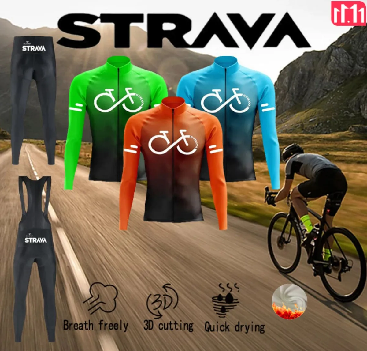 

STRAVA Cycling Jacket Road Mountain Bike Outdoor Cycling Winter Gear Thanksgiving Christmas Long Sleeve Fleece Jersey Set