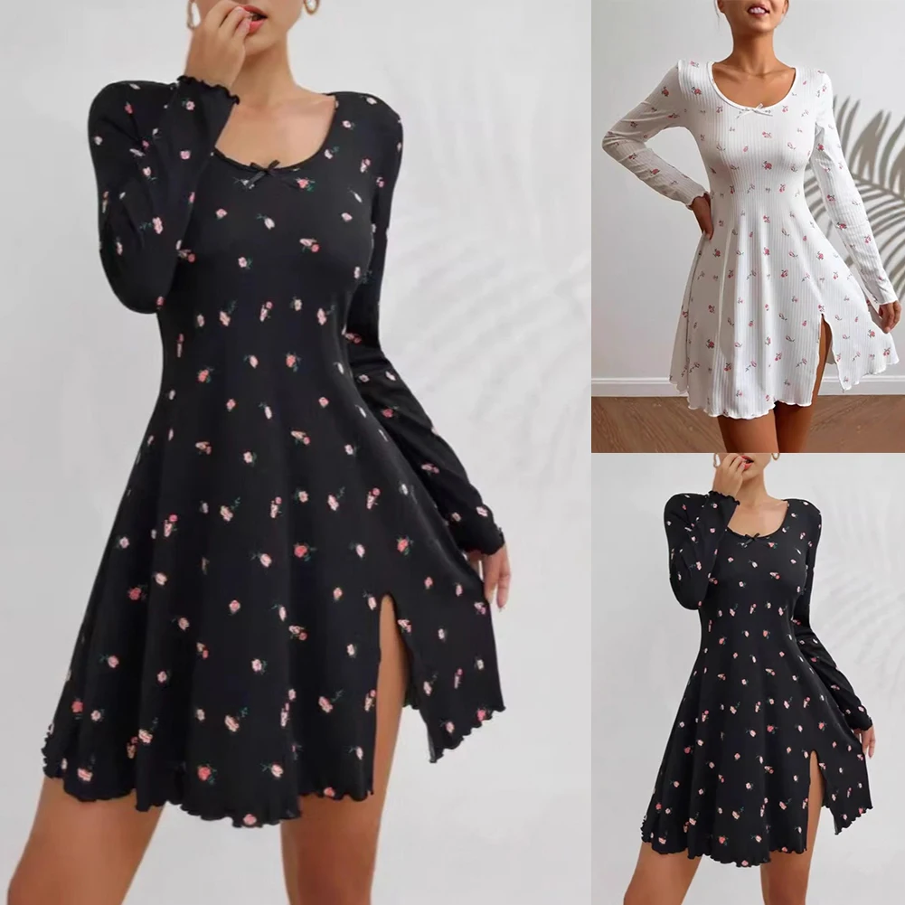 

Женское сексуальное платье с цветочным принтом, длинным рукавом, домашняя ночная рубашка, ночная сорочка с разрезом, одежда для сна, клубная одежда