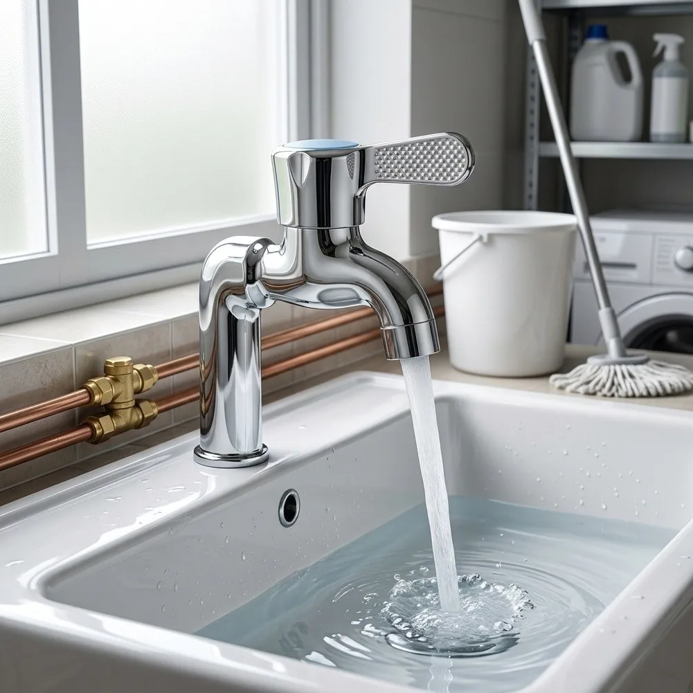 High-Durability Brass Faucet for Mop Sink Use with Extended Spout and Splash-Reducing Functionality in Bathroom Balcony Setup