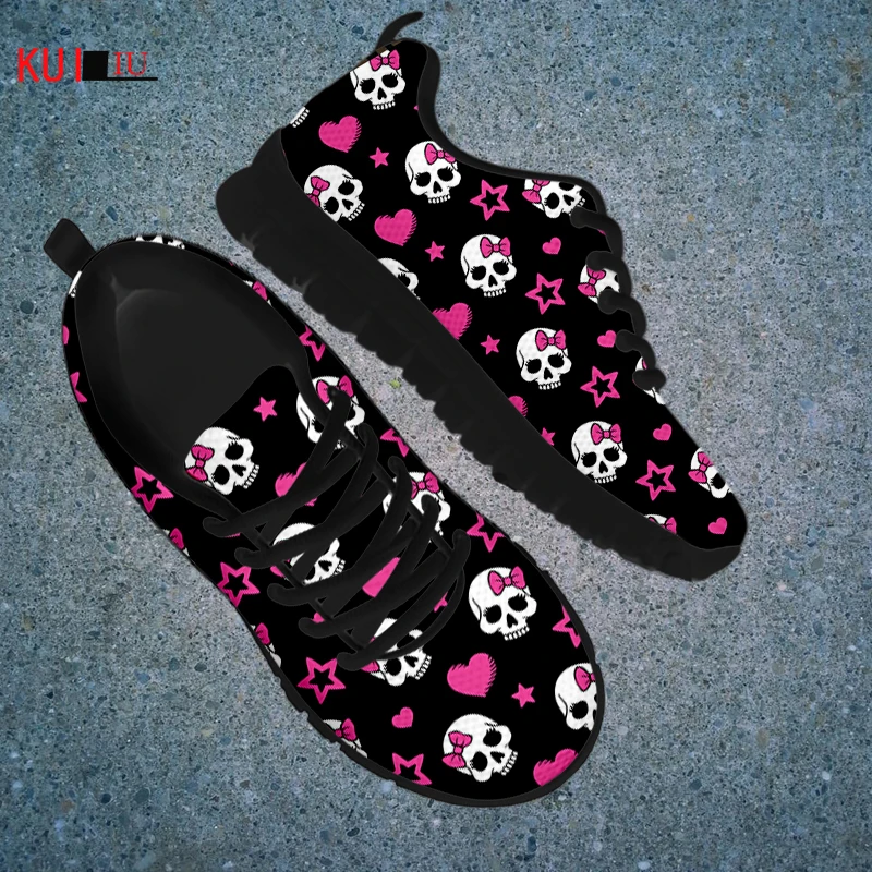 KUILIU Pink Sugar Skull Print Flats Autumn Women Shoes Fashion Youth Ladies Lace-up Air Mesh Light Breathable FemaleFootwear