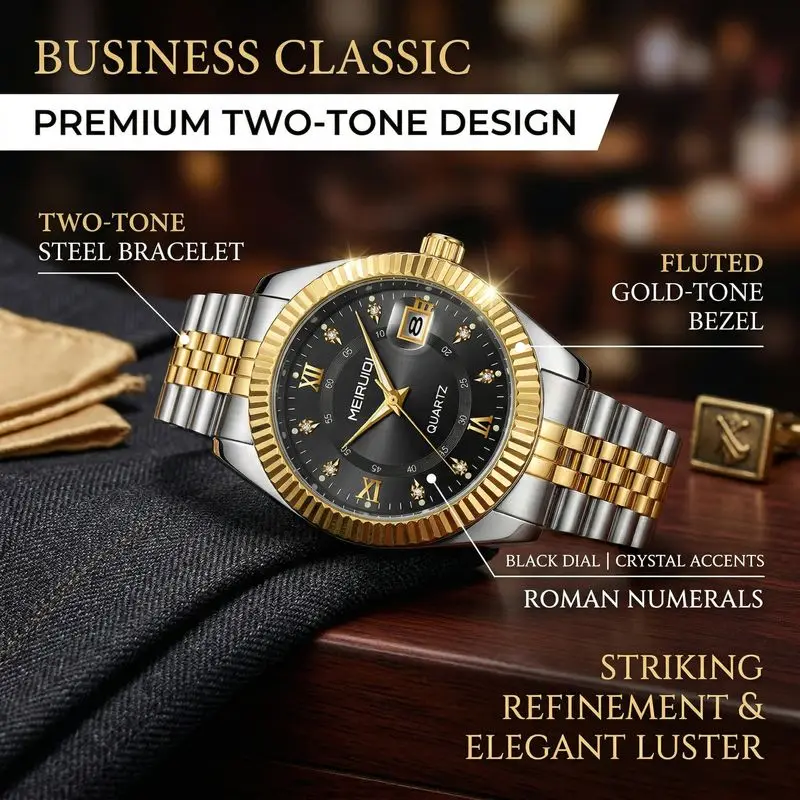 1 piece two-tone metal strap watch with black dial, Roman numeral markers, calendar, quartz movement