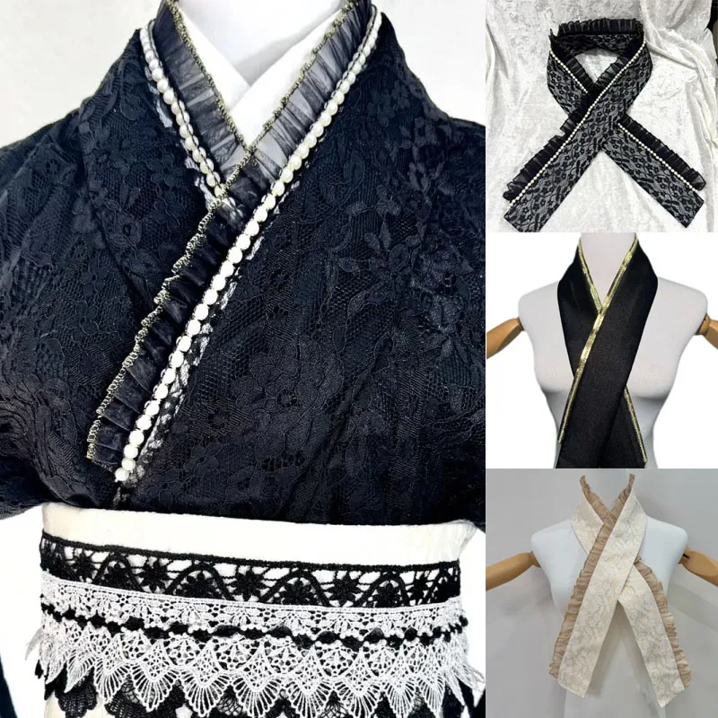 

Кружевной воротник-юэри в японском стиле фурисодэ, декоративный воротник с оборками и вышивкой, полуворотник для юката, аксессуар для кимоно