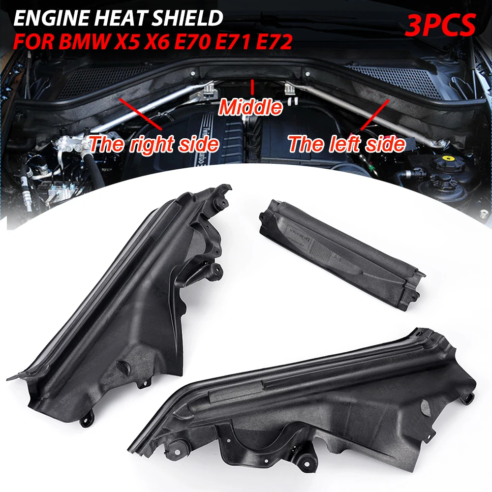 3pcs Car Engine Upper Compartment Partition Panel Set 51717169420 51717169421 51717169419 For BMW X5 X6 E70 Black Plastic