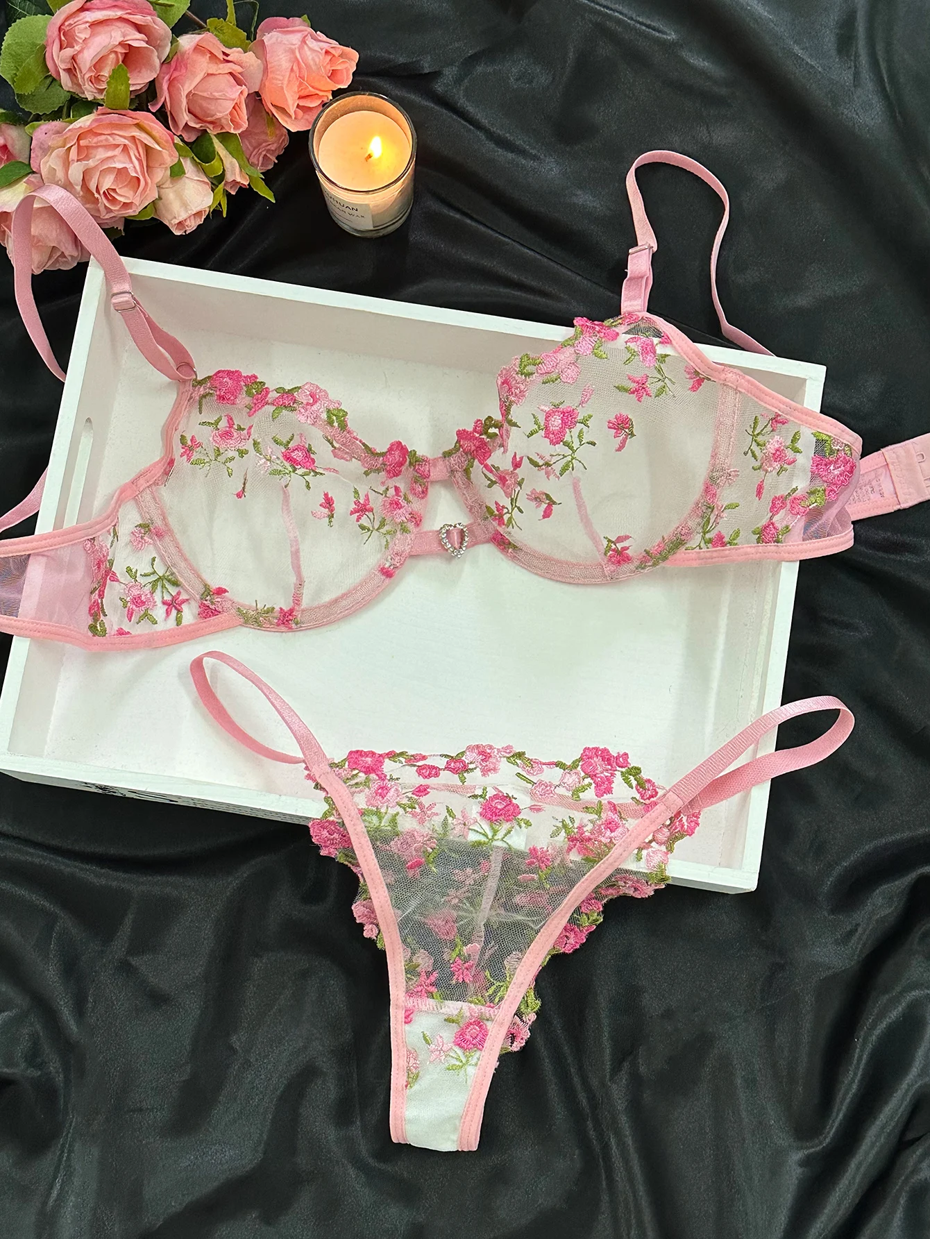 Women Floral Sexy Underwear Night Club Wear Heart Rhinestone Ultra Thin Lingerie UnderwearSet