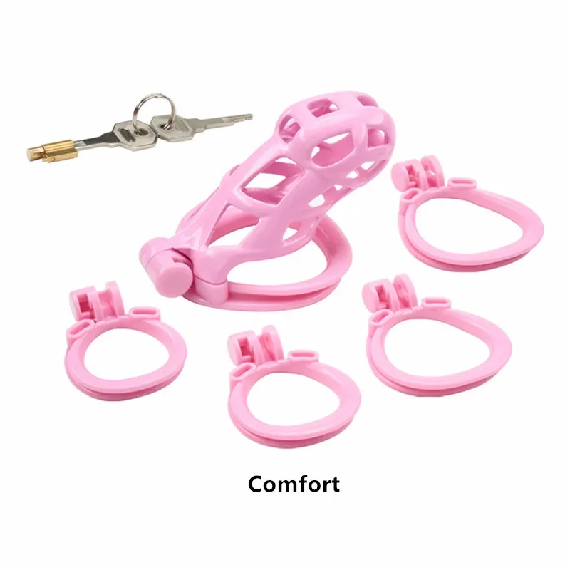 Gabbia di castità Cobra rosa di alta qualità Gabbia per cazzi forte e leggera con 4 anelli ad arco Cintura di castità Blocco del pene Giocattoli per adulti