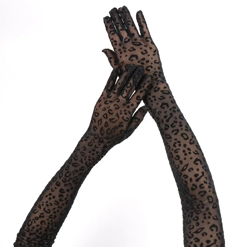 Extended Mesh Leopard Print Gloves, Fashionable Thin Women's Lace Gloves, Driving Sun Protection Halloween Gloves