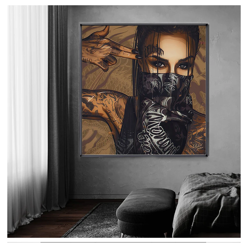 Oil Painting Posters and Prints on Canvas Wall Art Picture for Living Room Cuadros Home Decor Wearing Mask Tattoo Girl Portrait