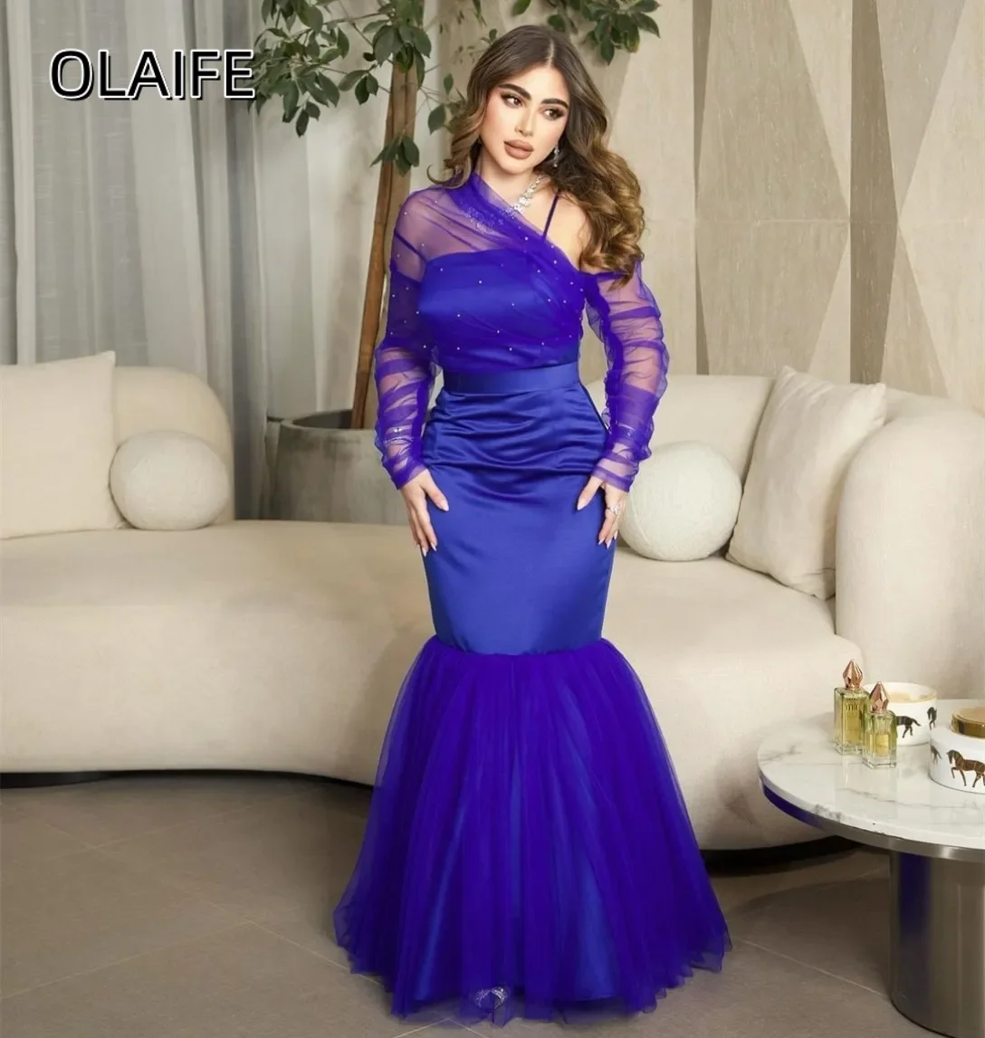 

Satin Long Tulle Sleeves Beading Evening Dresses Ruffles Mermaid One Shoulder Customized Celebrity Party Gowns vestidos de novia