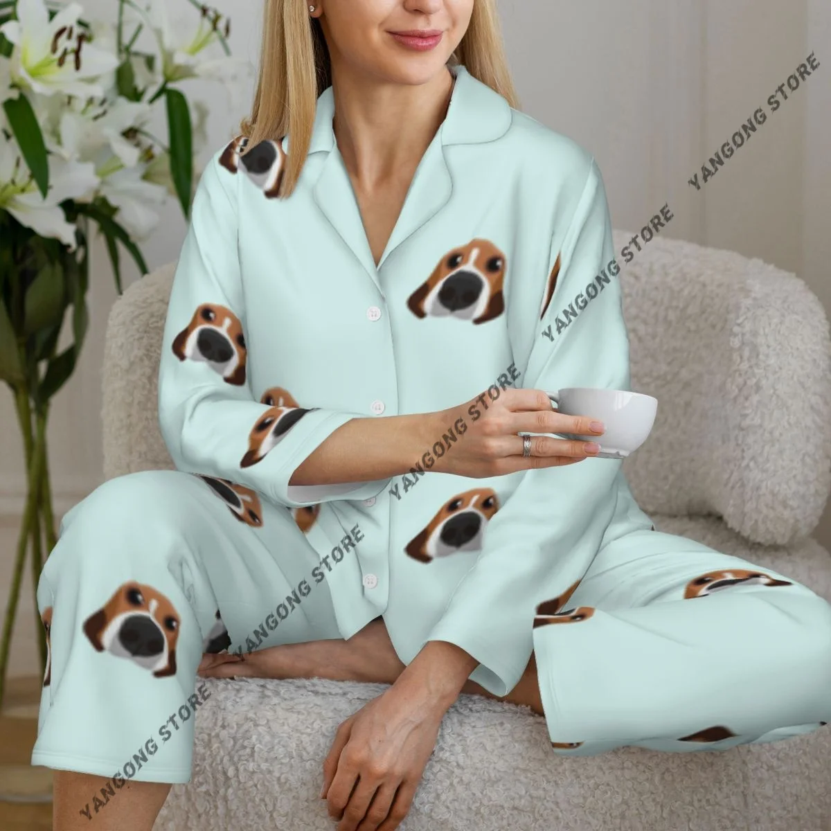 

Spring and Autumn Long Sleeve Pants Pajamas Loungewear Set Beagle Dog Women's Pull Edge Loose Sleeping Suit