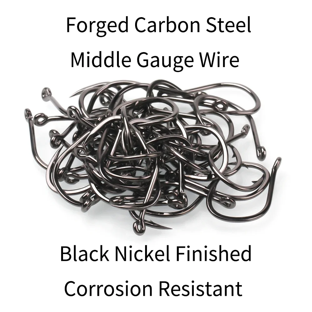 11 # -15 #   Ganchos únicos para pesca marítima, alça de gancho de tubo, haste curta, ponta compensada, aço carbono forjado, níquel preto, farpado, gancho único fac