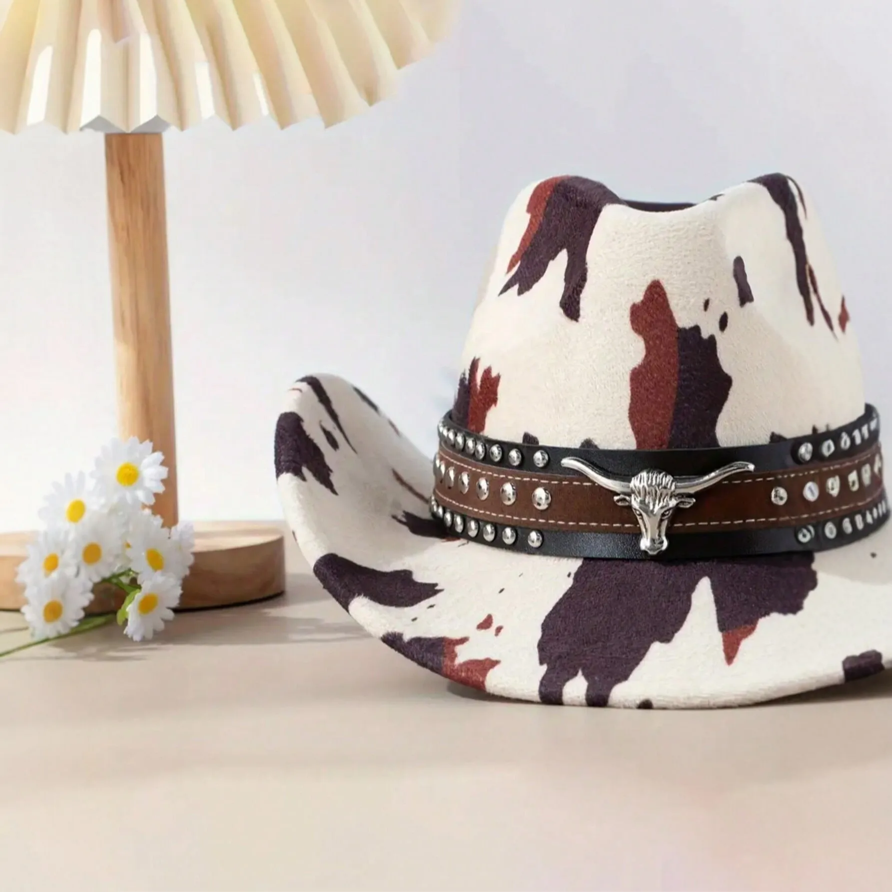 Cow Print Western Cowboy Hat for Men Women, Autumn Winter Sun Protection Fedora, Ethnic Vintage Wide Brim Cross Border