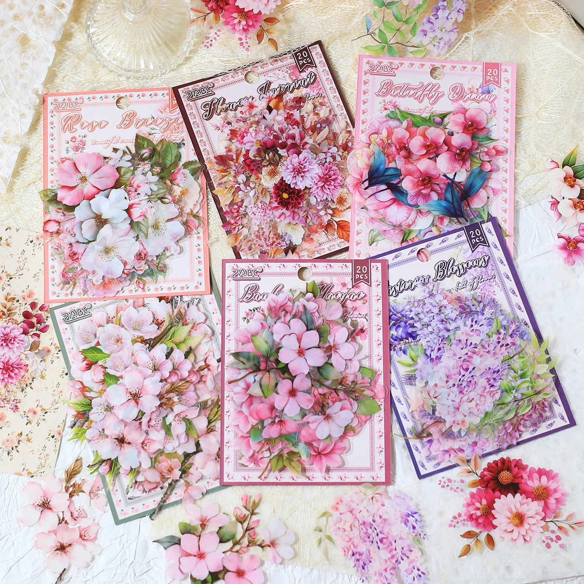 20pcs Transparent Floral Stickers Hand Account Collage PET Stickers for Scrapbooking Material Decor Album Junk Journal Stickers