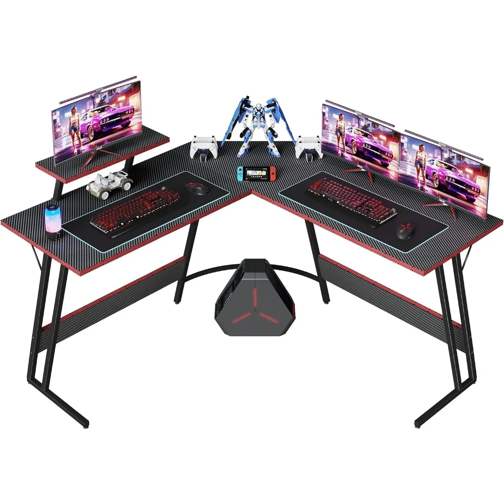 L Shaped Gaming Desk, 51 Inch Computer Corner Table with Large Monitor Stand & Carbon Fiber Surface for Home Office