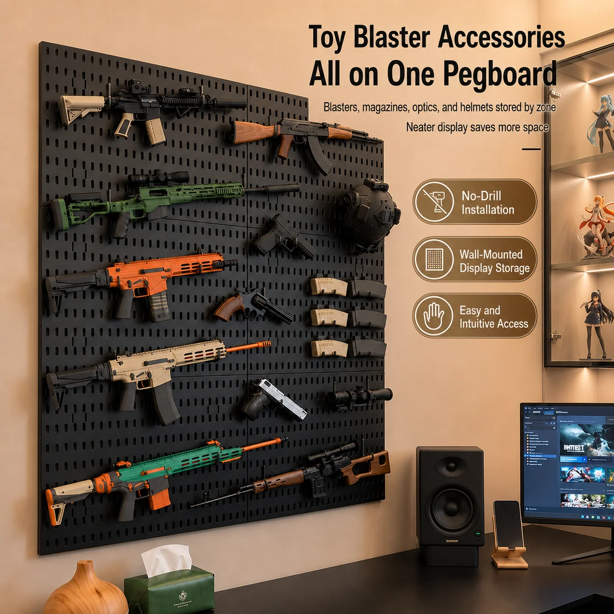 Game Room Toy Gun Display Pegboard No Drill Wall Mount Blaster Accessories Storage Organizer Board