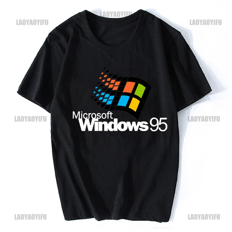 Windows 95 küçük T-Shirt yaz üst bluz erkekler rahat şık sokak moda kısa kollu giyim Streetwear pamuk