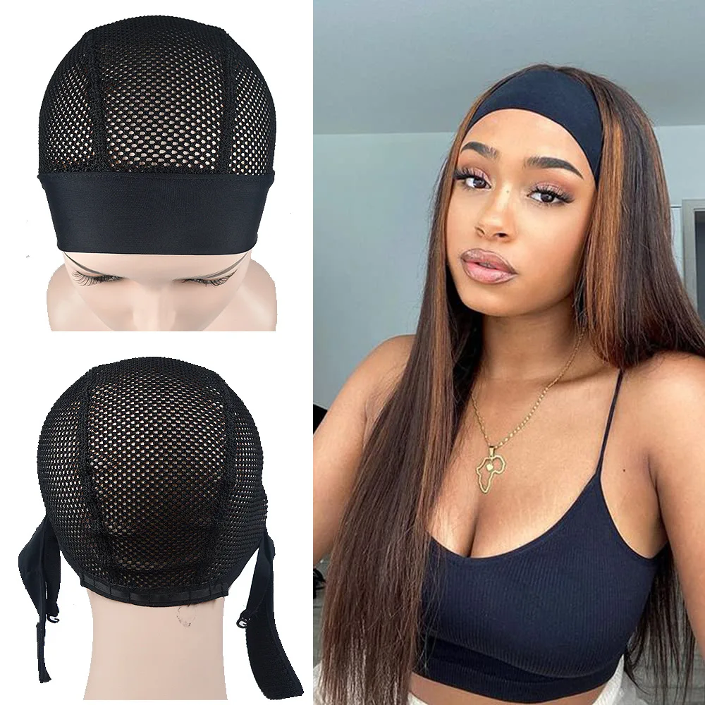

1 piece black color headband wig cap adjustable big hole wig grip cap ice silk material for making headband wig