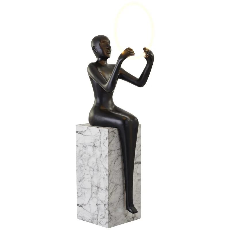 

Hot Sales Contemporary Sitting Human Sculpture Holding Ring Light Decorative Fancy Floor Lamp