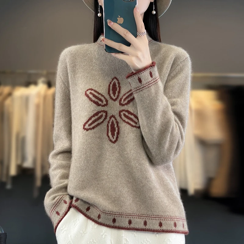 

2023 Autumn/Winter New Cashmere Sweater Women's Clothing O-Neck Pullover 100% Merino Wool Jacquard Top Fashion Korean Edition