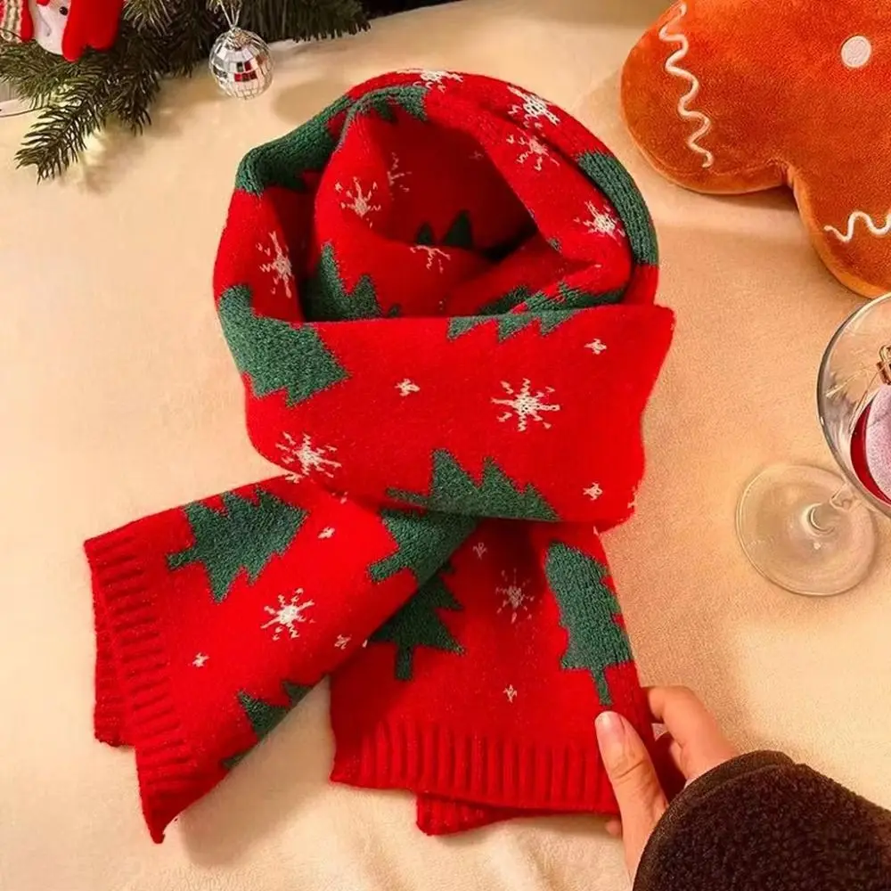 Sweet Red Knitted Christmas Scarf Long Green Winter Knitted Scarves Thickened Christmas Tree Plaid Wool Scarf New Year
