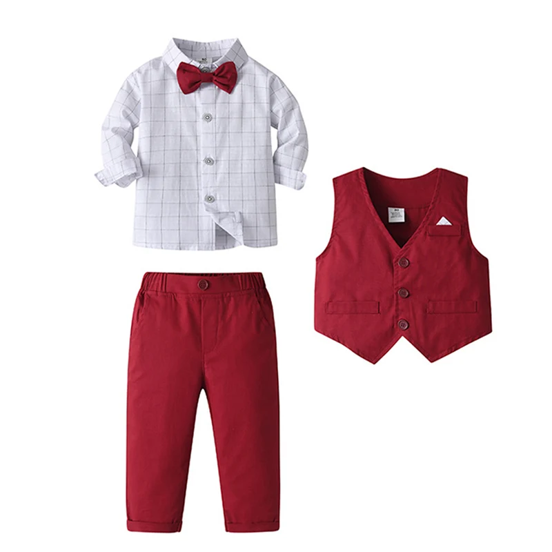 Children\'s Suit Set Baby Boy Long-Sleeved Shirt Bowtie Clothes + Trousers Kids Red Wedding Birthday Party Costume Gentleman Suit