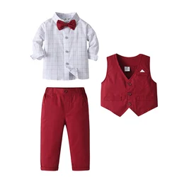 Children's Suit Set Baby Boy Long-Sleeved Shirt Bowtie Clothes + Trousers Kids Red Wedding Birthday Party Costume Gentleman Suit