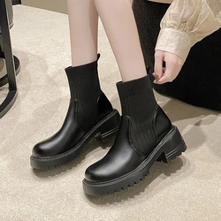 Women's Short Boot Motorcycle Round Toe Chunky Elegant and Elegant Black Platform Low Heel Leather   and Low Price