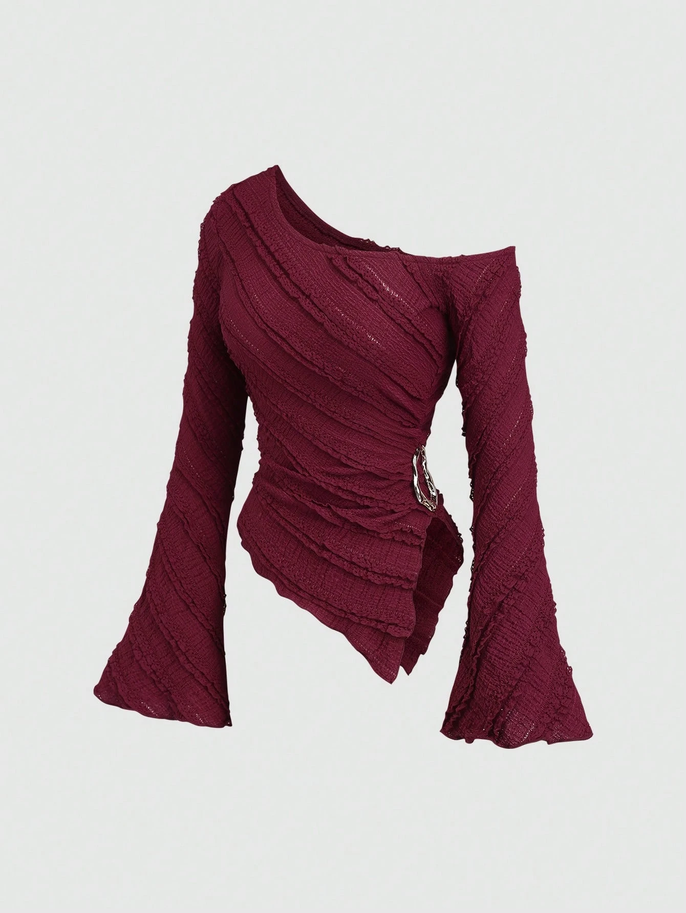 

Новая женская блузка на весну-лето с асимметричным подолом, расклешенными рукавами и фактурной тканью, на одно плечо, для повседневной носки