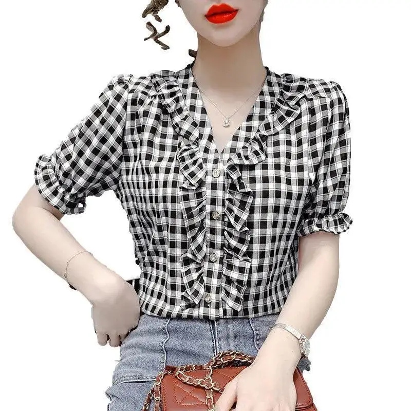 Plaid V Neck Slim Blouse Summer New Short Sleeve All-match Button Pleated Elegant Shirt Tops Tees Fashion Trend Women Clothing