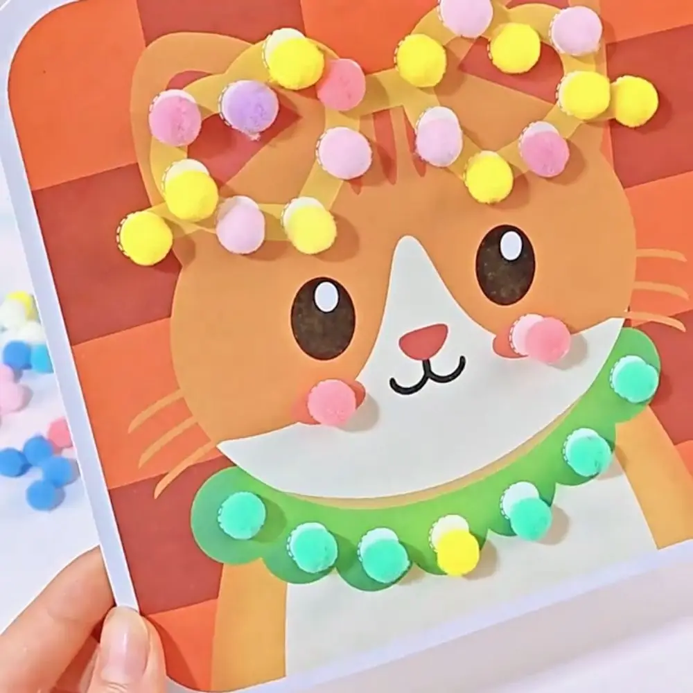 Handmade Material Children's Sticker Book Educational Hairball Animal Pompom Art Kit Montessori Cartoon Pompom Crafts