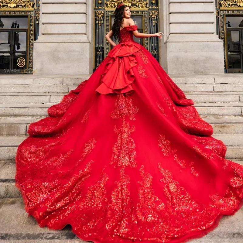 ANGELSBRIDEP Vestido de quinceañera de encaje con lentejuelas brillantes, apliques rojos oscuros, volantes hinchados, tren de la Catedral, Vestido de graduación de 15 años