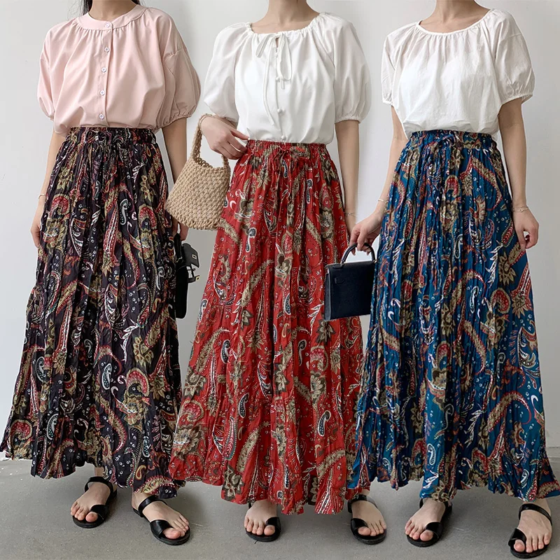 

Vintage Ethnic Paisley Floral Printed Pleated Long Skirts Womens Summer Boho Skirt Korean Style Green Red Black Blue Maxi Skirt