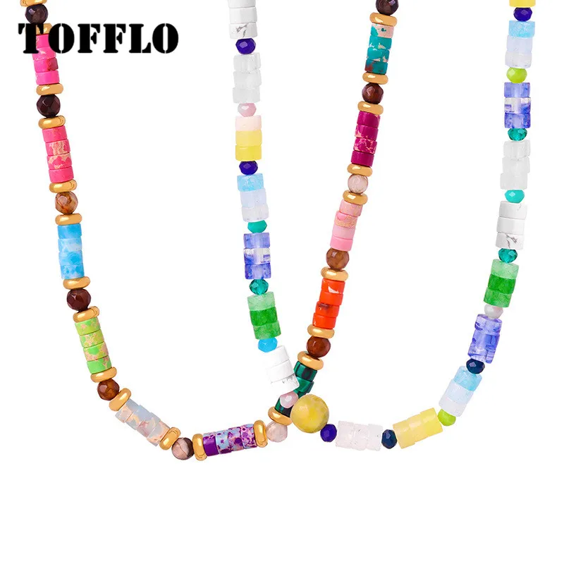 

TOFFLO Stainless Steel Jewelry Colorful Natural Stone Handmade Beaded Necklace For Women's Fashionable Collarbone Chain BSP1656