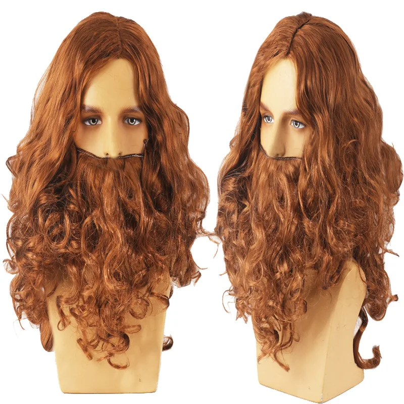 Perruque et barbe brunes drôles pour vieil homme, cosplay, Halloween, perruque de Jésus, accessoires de costume, perruque longue bouclée