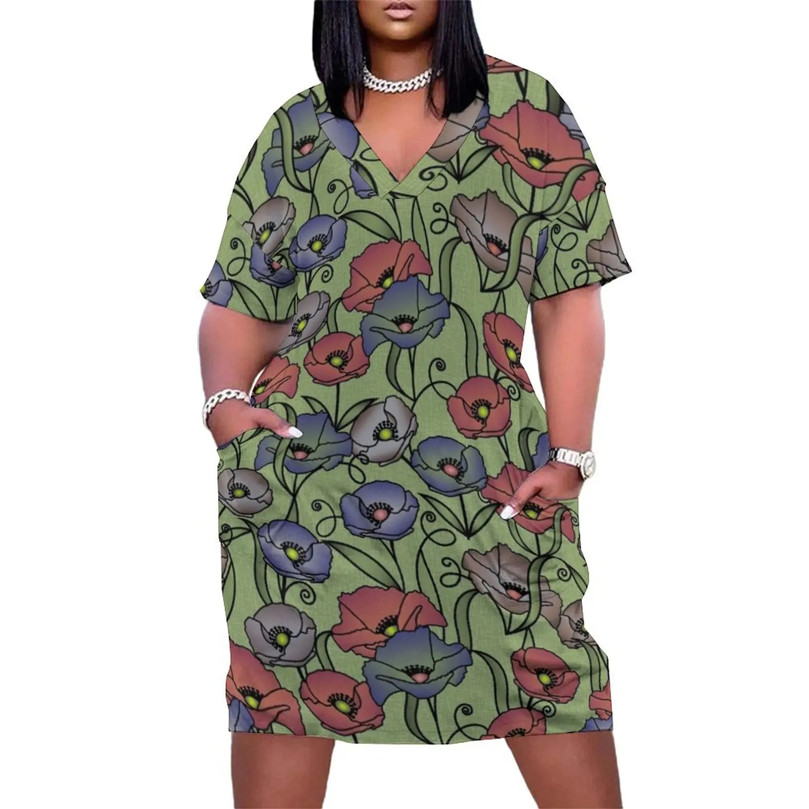 Modern Floral Print - Grass Green, Navy, Red Loose Pocket Dress Clothing prom clothes