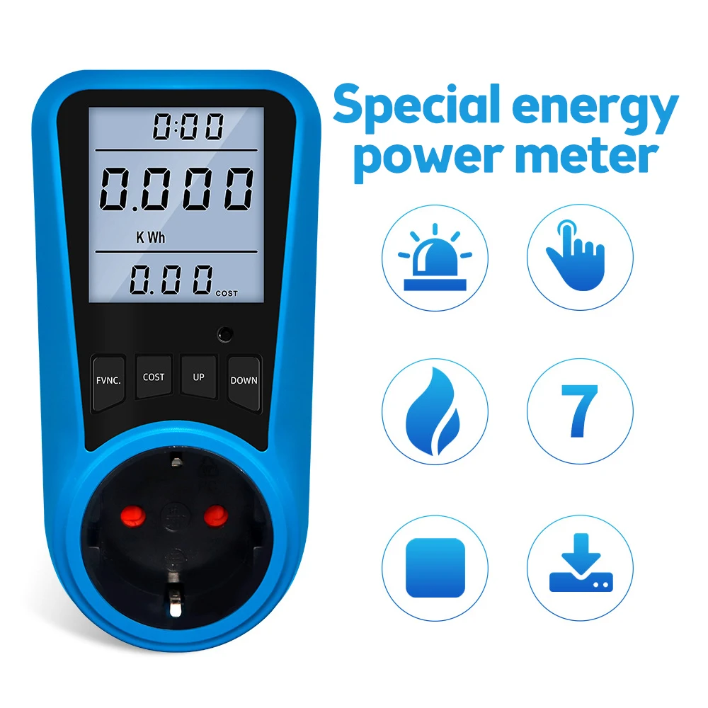 EU Plug Socket Digital Current Meter Voltmeter AC Power Meter 0V-9999V 0W-3680W Time Watt Power Energy Tester Wattmeter US UK AU