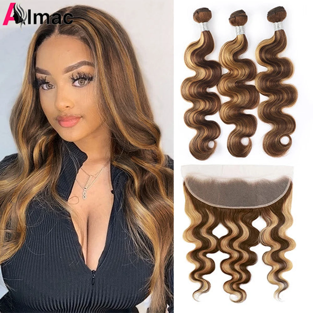 Highlighted Body Wave Human Hair Bundles With 13x4 HD Lace Frontal P4/27 Piano Color Peruvian Remy Double Weft Hair 220g/Set