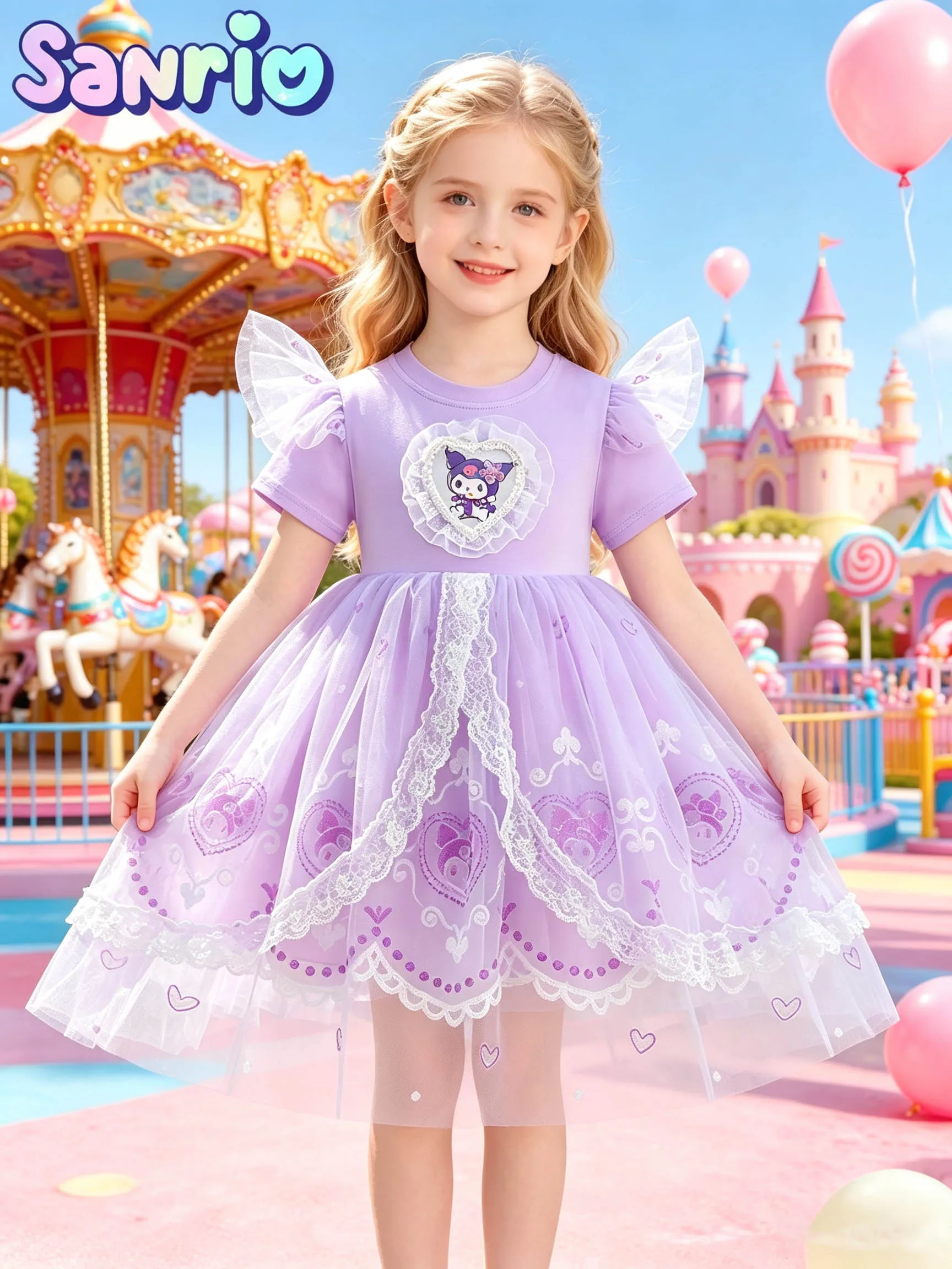 Dreamy Purple Kuromi Girls' Summer Outfit, Heart Embroidery Flutter Sleeve Lace Puffy Princess Tulle Dress